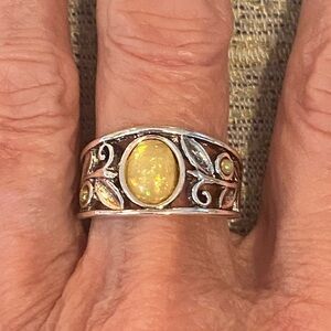 Silver Opal Ring – Filigree Leaf Swirl Design, Size 6